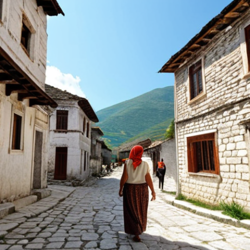 Home 13 **Prompt 1: Historical & Cultural Immersion in Albania**
"A female traveler with a curious expression, walking through the ancient stone streets of Gjirokastra or Berat, Albania. A friendly, knowledgeable local guide points to the unique architecture of an Ottoman-era house, sharing a captivating story. The scene is bathed in warm sunlight, highlighting the historical texture of the buildings and the deep connection between the traveler and the local culture. Emphasize authenticity and a sense of discovery."