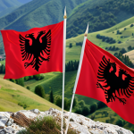 **Albanian and Kosovar flags waving together against a backdrop of rolling hills, symbolizing shared history and future collaboration.** (Focus: Unity, landscape)
