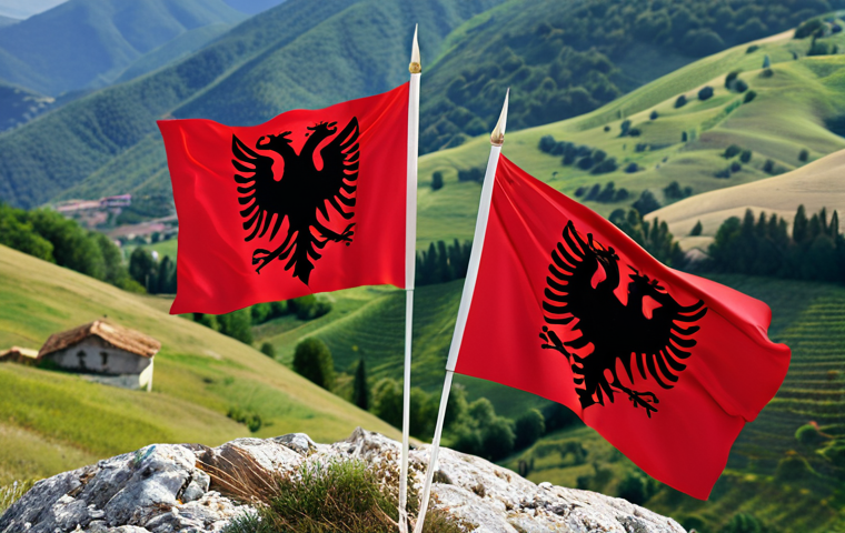 **Albanian and Kosovar flags waving together against a backdrop of rolling hills, symbolizing shared history and future collaboration.** (Focus: Unity, landscape)