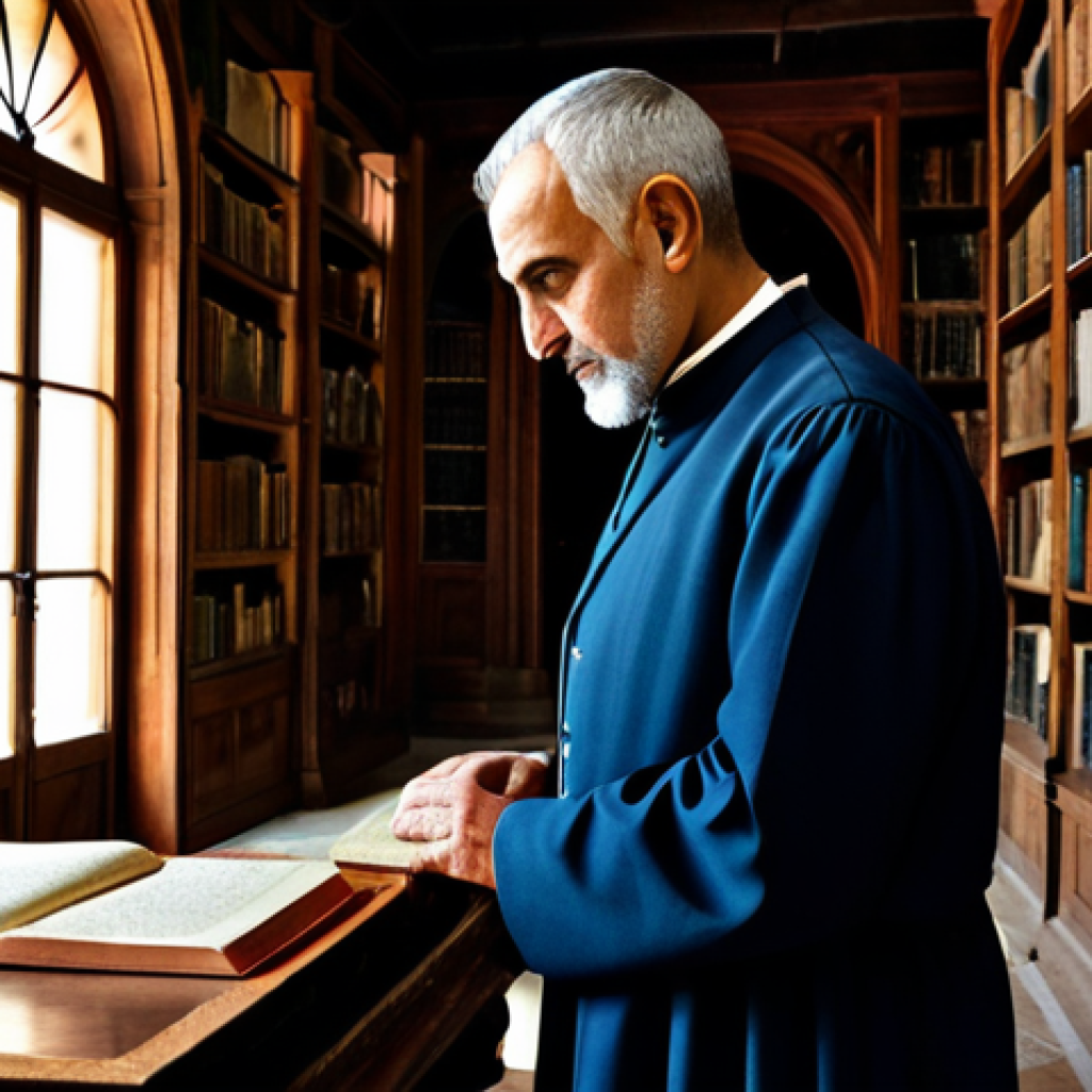 **Prompt:** A dignified Albanian scholar, fully clothed in modest, professional traditional-inspired attire, stands thoughtfully within an old, atmospheric library. The background features towering wooden bookshelves laden with ancient books and manuscripts, hinting at centuries of history. A subtle, traditional Albanian motif or an aged map of the region is visible. The scene is illuminated by soft, natural light, creating a reflective and serene mood. Perfect anatomy, correct proportions, natural pose, well-formed hands, proper finger count, natural body proportions, safe for work, appropriate content, professional, high quality photography.