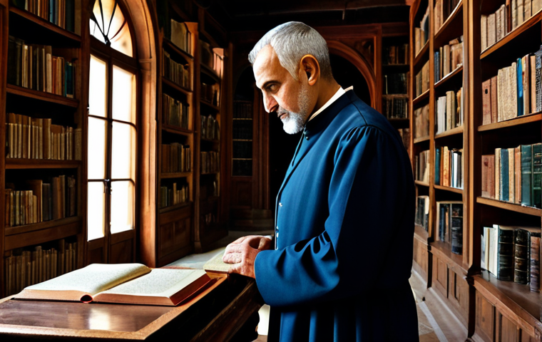 **Prompt:** A dignified Albanian scholar, fully clothed in modest, professional traditional-inspired attire, stands thoughtfully within an old, atmospheric library. The background features towering wooden bookshelves laden with ancient books and manuscripts, hinting at centuries of history. A subtle, traditional Albanian motif or an aged map of the region is visible. The scene is illuminated by soft, natural light, creating a reflective and serene mood. Perfect anatomy, correct proportions, natural pose, well-formed hands, proper finger count, natural body proportions, safe for work, appropriate content, professional, high quality photography.