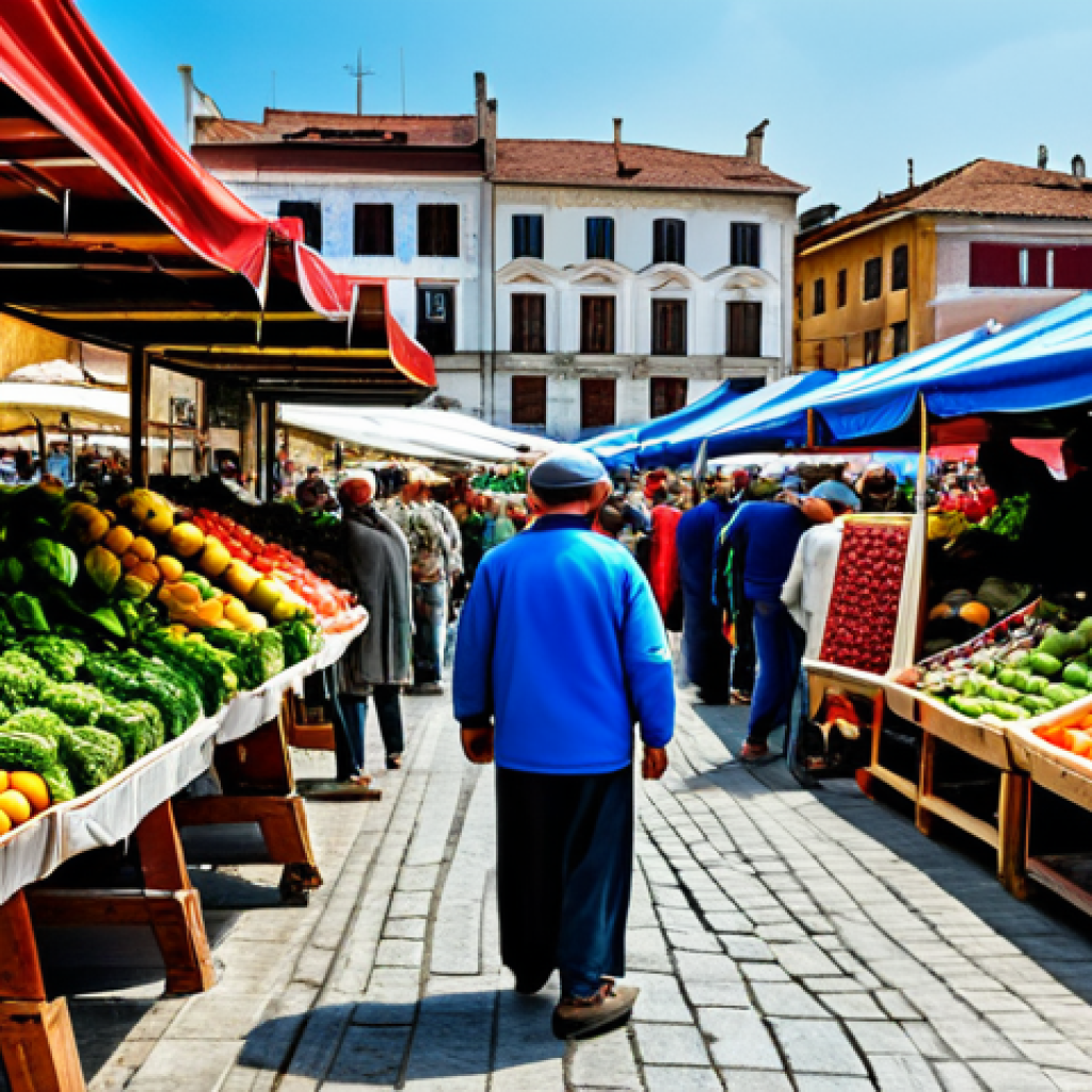 **Image Prompt:** "A vibrant marketplace in Albania overflowing with fresh fruits and vegetables, fully clothed vendors and customers interacting, safe for work, appropriate content, perfect anatomy, natural proportions, professional photography, family-friendly"