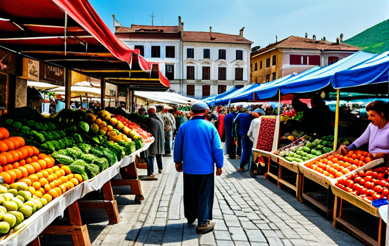 **Image Prompt:** "A vibrant marketplace in Albania overflowing with fresh fruits and vegetables, fully clothed vendors and customers interacting, safe for work, appropriate content, perfect anatomy, natural proportions, professional photography, family-friendly"