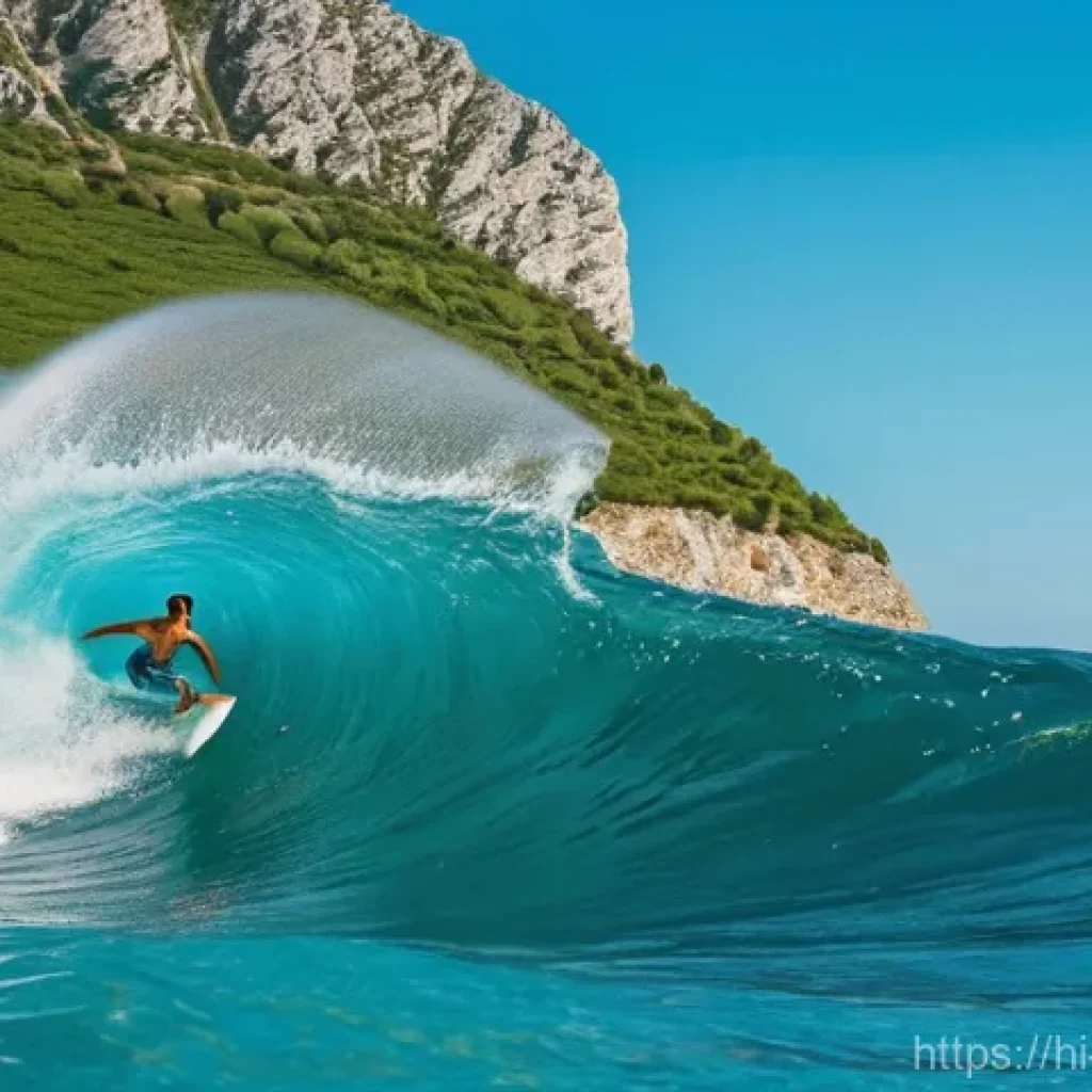 알바니아에서 서핑 가능 지역 - **Prompt:** A dynamic, sun-drenched shot of a male surfer catching a perfect wave on the clear, turq...