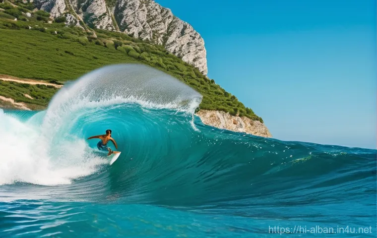 알바니아에서 서핑 가능 지역 - **Prompt:** A dynamic, sun-drenched shot of a male surfer catching a perfect wave on the clear, turq...