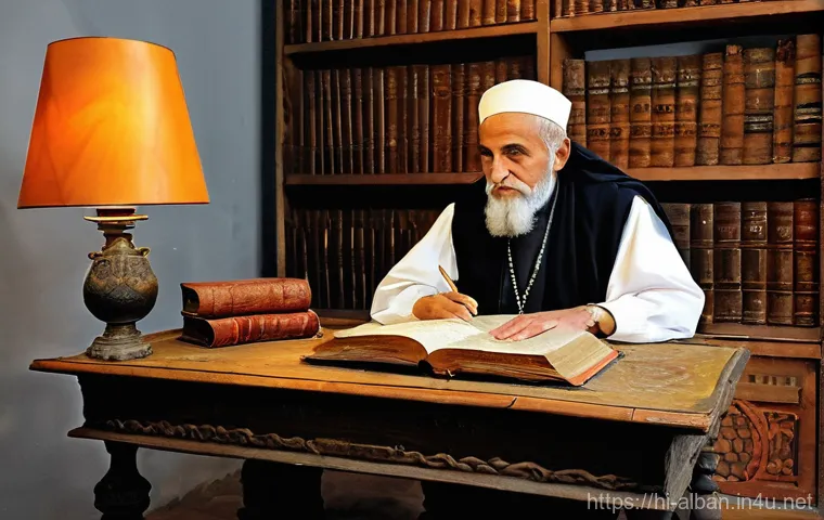 알바니아 언어 특징 - **Prompt 1: The Ancient Roots of Albanian Language**
    "A wise, elderly male scholar, dressed in m...