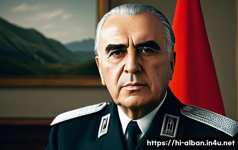 알바니아 공산주의 시대 - **Enver Hoxha: Architect of Isolation**
    A realistic and imposing portrait of Enver Hoxha, the lo...