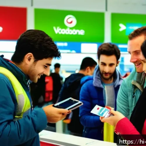 Home 32 알바니아 인터넷 사용법 - A busy airport scene at Tirana International Airport, Albania, showing a traveler purchasing a local...