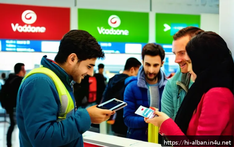 알바니아 인터넷 사용법 - A busy airport scene at Tirana International Airport, Albania, showing a traveler purchasing a local...
