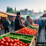 Home 19 알바니아 장보기 및 물가 - A bustling local Albanian market scene in Tirana during early morning, featuring diverse stalls with...