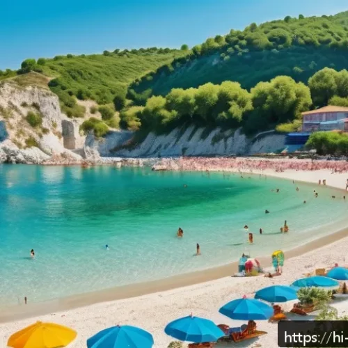 Home 30 알바니아 날씨 및 기후 - A vibrant summer beach scene in Albania featuring golden sandy shores and crystal-clear turquoise wa...