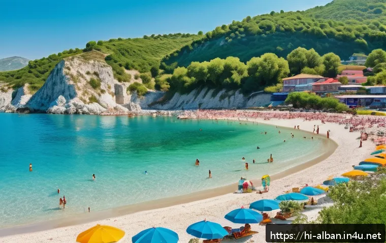 알바니아 날씨 및 기후 - A vibrant summer beach scene in Albania featuring golden sandy shores and crystal-clear turquoise wa...