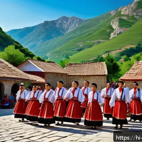 Home 17 알바니아 역사 개요 - A vibrant traditional Albanian festival scene in a picturesque village square, featuring men and wom...