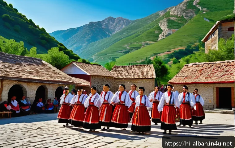 알바니아 역사 개요 - A vibrant traditional Albanian festival scene in a picturesque village square, featuring men and wom...