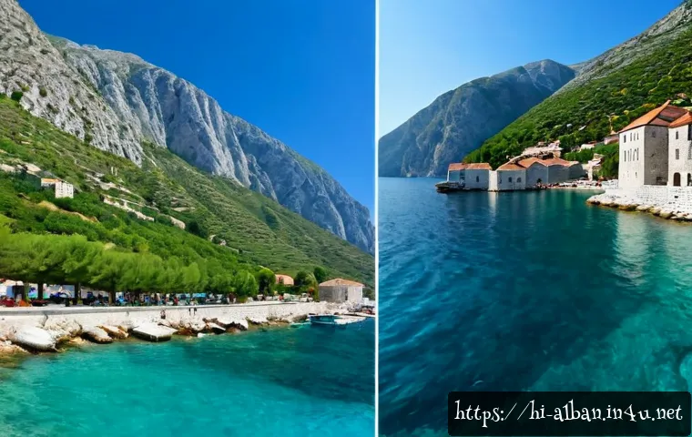 알바니아와 몬테네그로 비교 - Photorealistic split-screen travel comparison, left side Albania’s sunlit Adriatic coastline with tu...